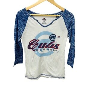 Majestic Chicago Cubs 3/4 Sleeve Raglan Shirt Womens Small V-Neck Blue White MLB